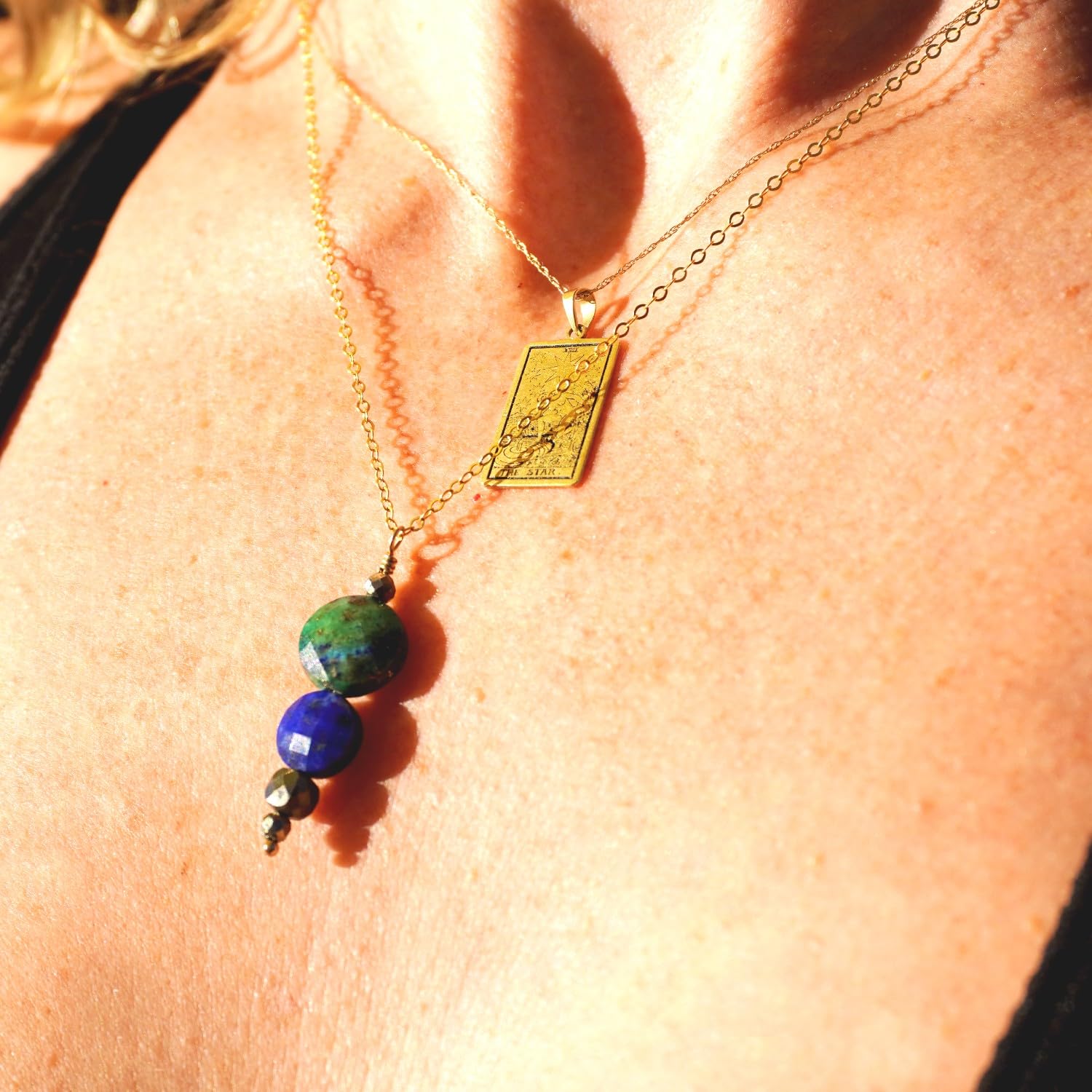  ildsjela I AM INTEGRATED - Chrysocolla, Lapis Lazuli, Pyrite, and 14K Gold-Filled Reiki Chakra Healing Necklace